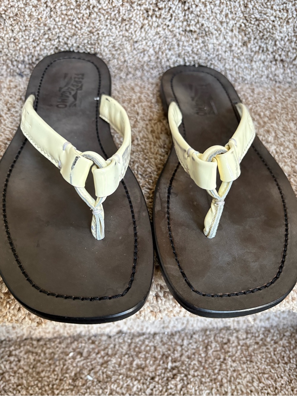 Salvatore Ferragamo Men’s Pale Yellow Patent Leather Thong Sandals